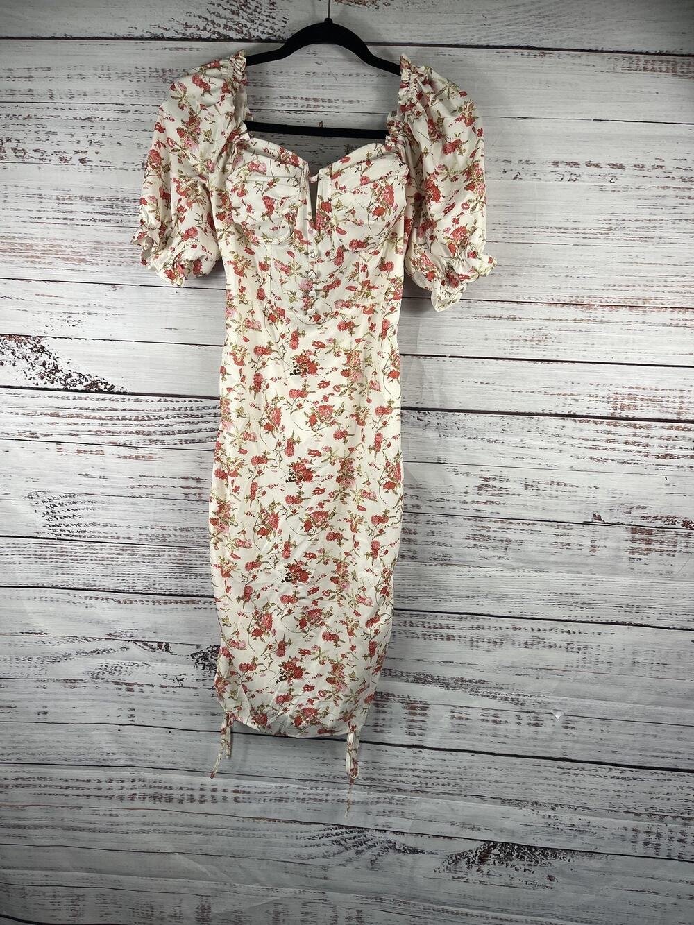 Strangers & Lovers Dress Women's SZ S Floral Puff Sleeve Ruched Midi Open Back
